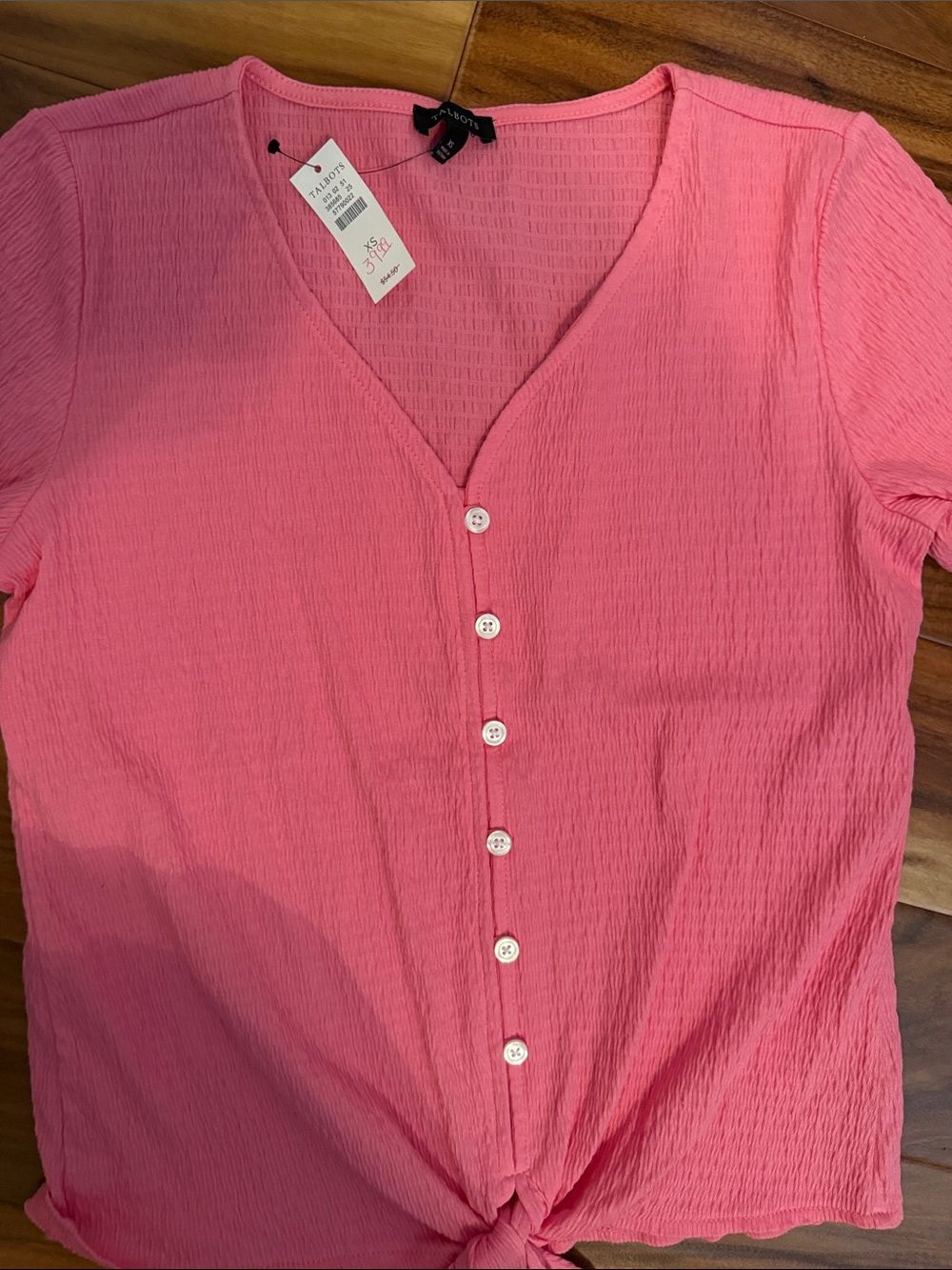 Talbots Coral Pink Button-Front Tie-Hem V-Neck Blouse - Picture 2 of 6